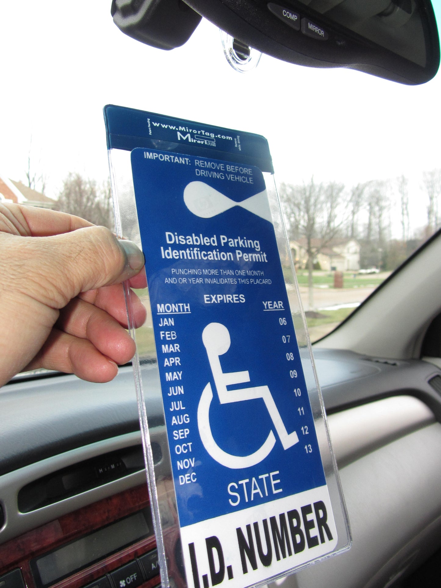 Mirortag Silver™ MTD25 - Handicap Parking Placard holder & Protector for short tags such as Louisiana & Indiana States. Tag size: 7in x 4in. Easy ON and OFF. Made in USA