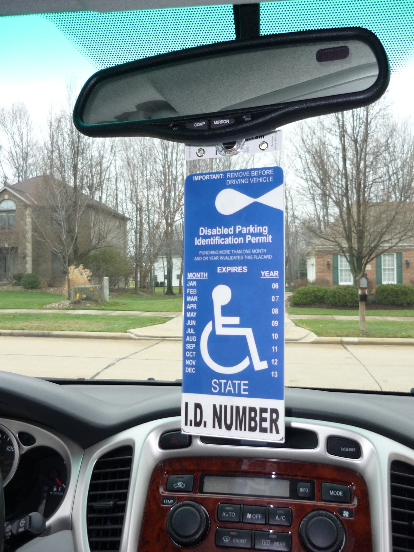 rear view mirror mounted handicap parking placard holder and protector. Fits disability tags 9.25 in x 3.5 in or wider