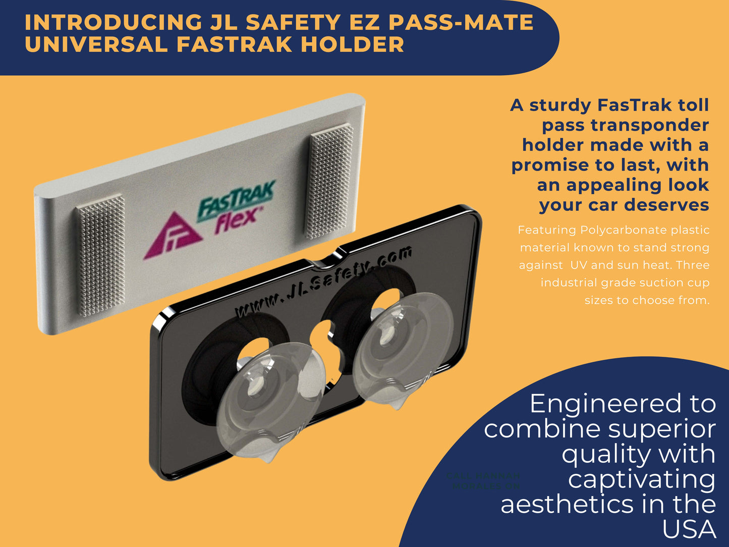 EZ Pass-Mate™ Black - Universal FasTrak Toll Pass Holder by JL Safety. Sturdy Toll Tag Holder for ALL FasTrak models including FasTrak Flex CAV and FasTrak Standard / Switchable & HOV. Comes with 3 Suction Cup Sizes and 2 Extra Strips. Made in USA