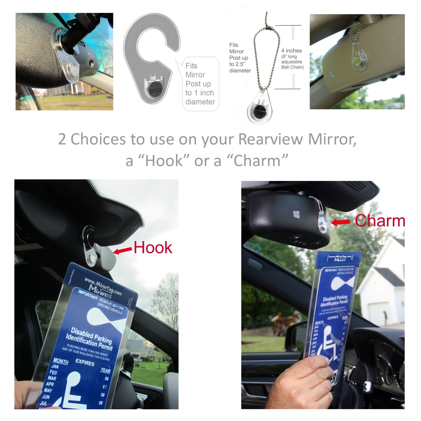Mirortag™ Holder with Hook & Charm Options- Handicap Placard Holder. Easily Protect, Display & Put Away Your Handicap tag. Magnetically Attach & Detach Your Placard with Your Eyes Closed. Made in USA