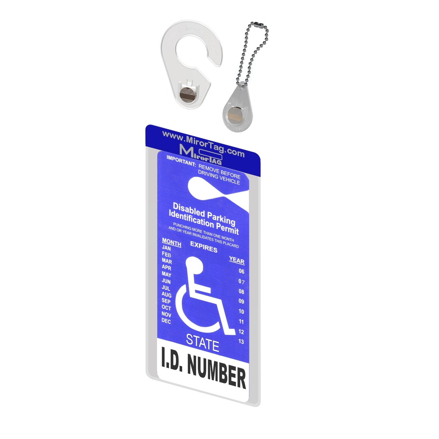 Mirortag™ Holder with Hook & Charm Options- Handicap Placard Holder. Easily Protect, Display & Put Away Your Handicap tag. Magnetically Attach & Detach Your Placard with Your Eyes Closed. Made in USA