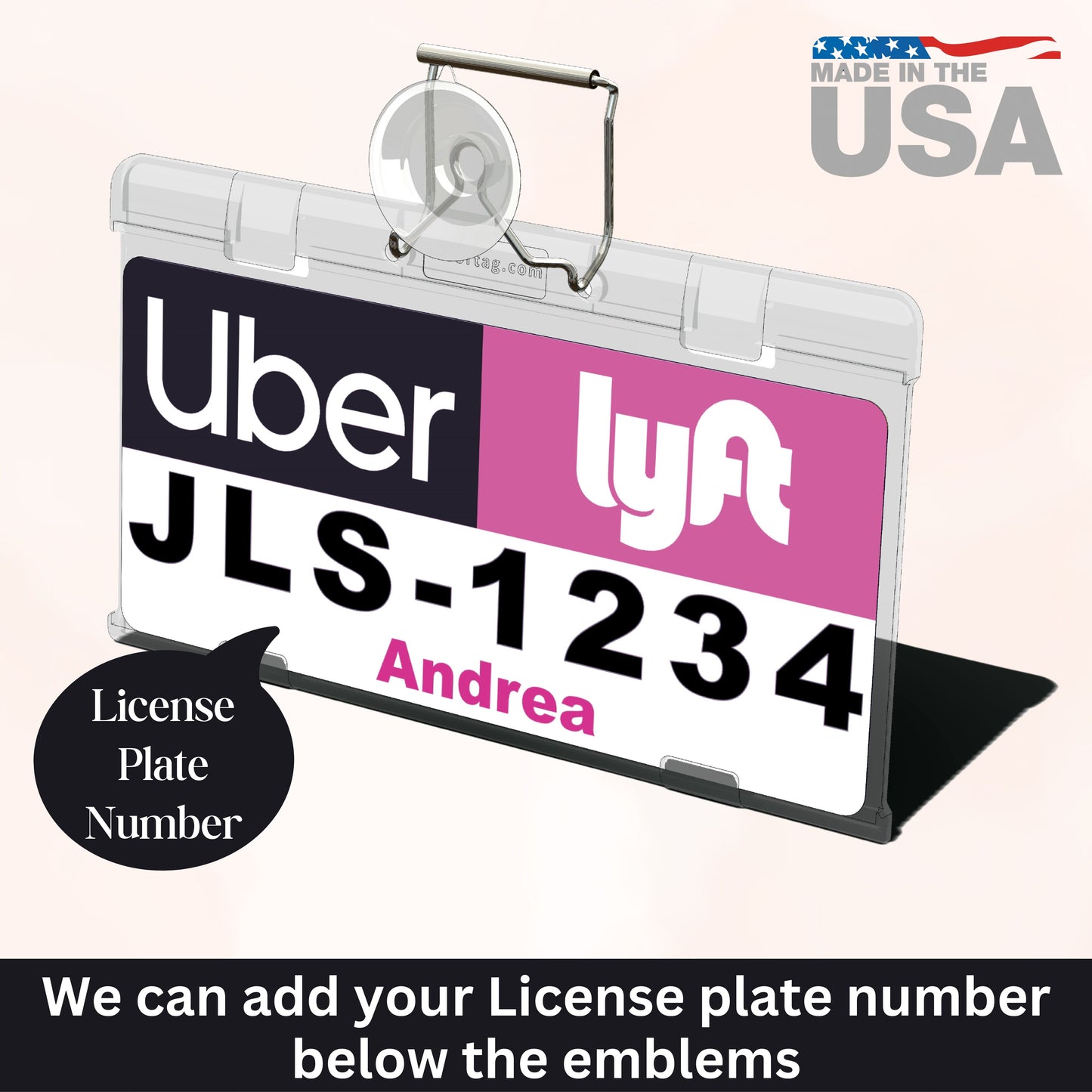 Uber & lyft emblem display holder showing licence plate number and driver name that can be added upon request 