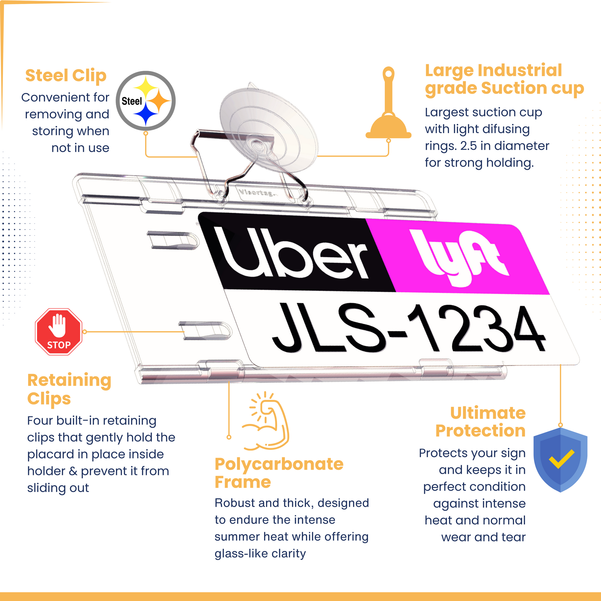 Uber & Lyft sign holder features. Large suction cup, sturdy holder, glass clarity, steel clip, emblem protection and license plate display