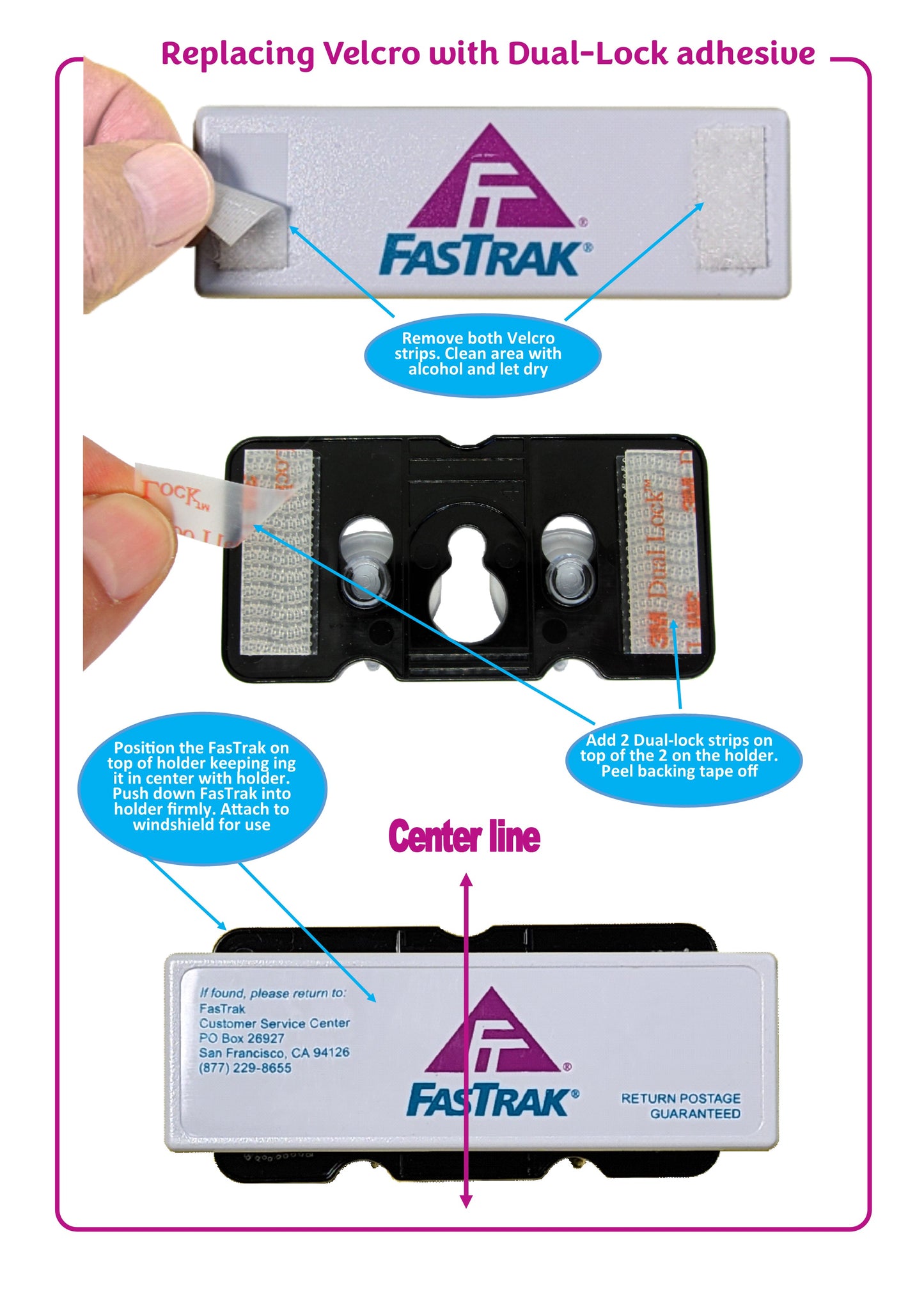 EZ Pass-Mate™ Black - Universal FasTrak Toll Pass Holder by JL Safety. Sturdy Toll Tag Holder for ALL FasTrak models including FasTrak Flex CAV and FasTrak Standard / Switchable & HOV. Comes with 3 Suction Cup Sizes and 2 Extra Strips. Made in USA