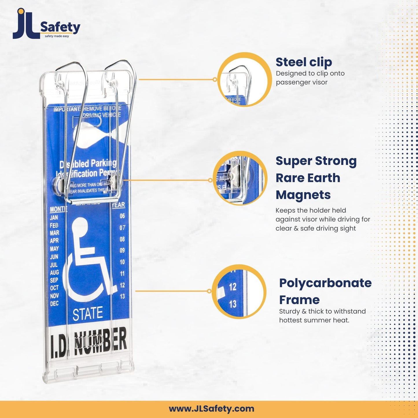 NEW Visortag® Vertical by JL Safety® - The Best Handicap Parking Placard Holder on the Market. Easily Protect, Display & Swing Away your Parking Tag. Hard Plastic to Withstand 3-digit Hot Sun. Made in USA