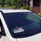 Uber and Lyft sign holder display on windshield right corner passenger side. Uber Lyft logo and license plate number