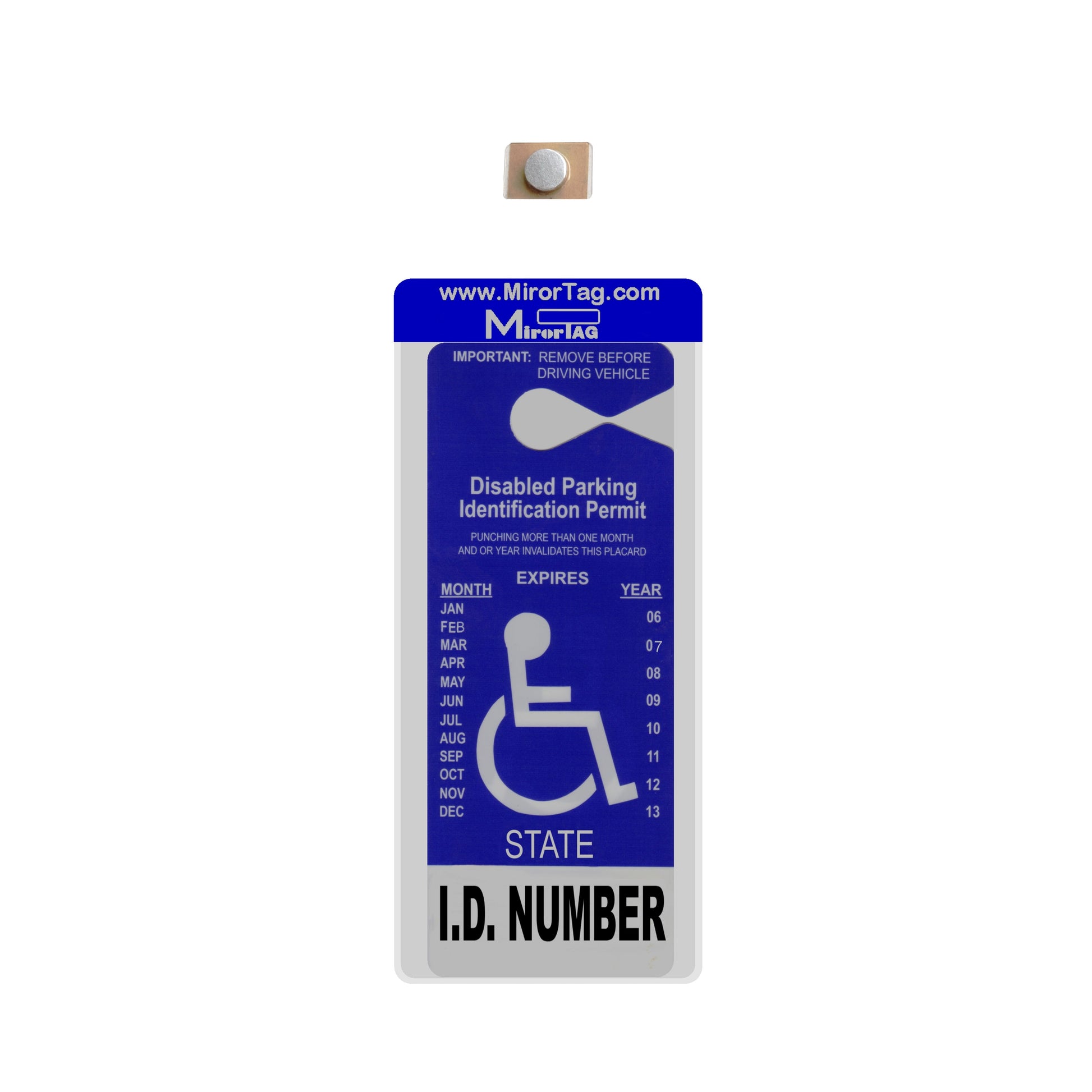 Handicap placard sleeve holder and protector. Peel and stick magnet to rearview mirror, and magnetically attach and detach permit