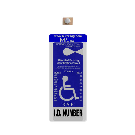 Handicap placard sleeve holder and protector. Peel and stick magnet to rearview mirror, and magnetically attach and detach permit