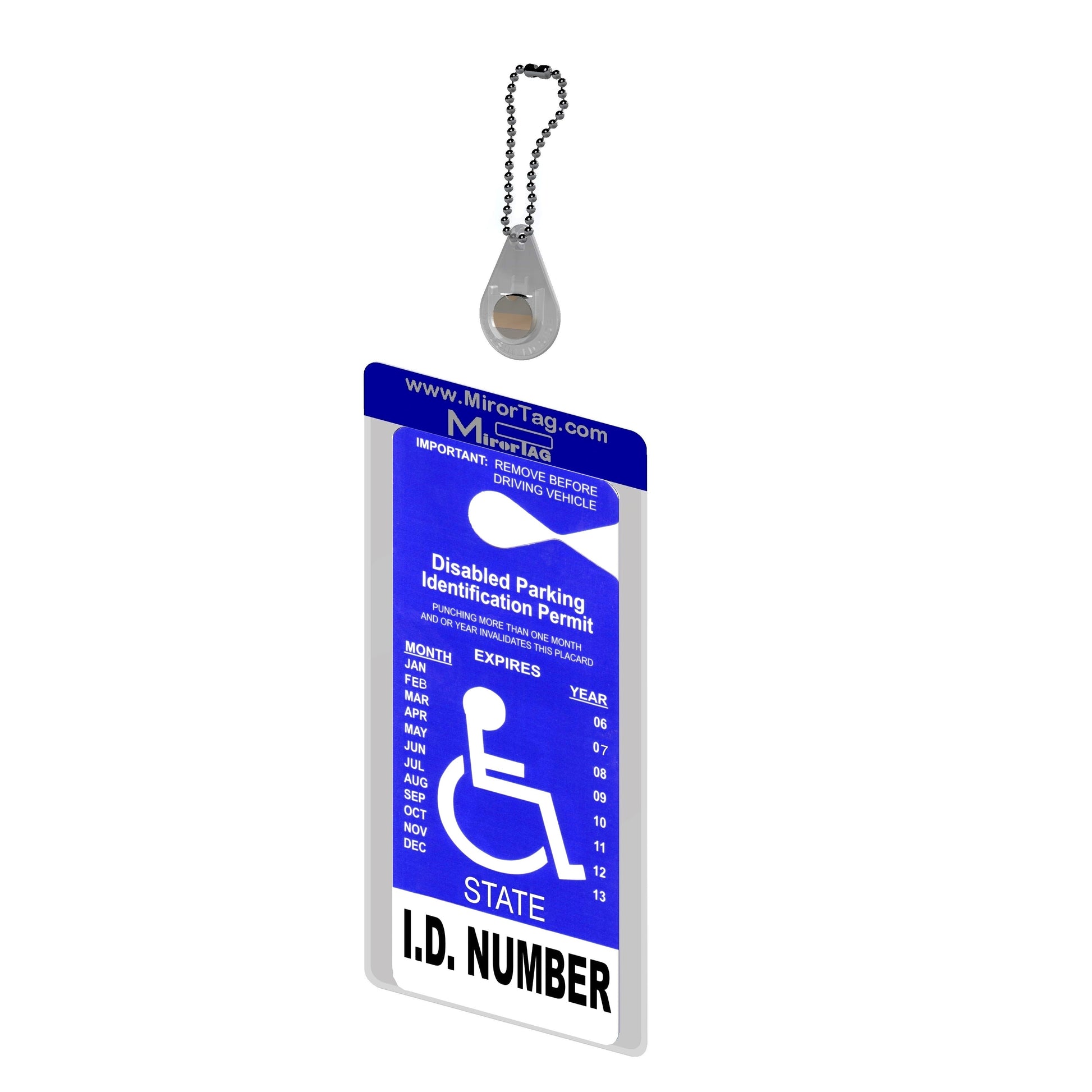 Mirortag Charm, holder and protector for handicap parking placard. magnetically attach and detach tag