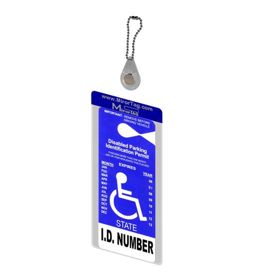 Mirortag Charm, holder and protector for handicap parking placard. magnetically attach and detach tag