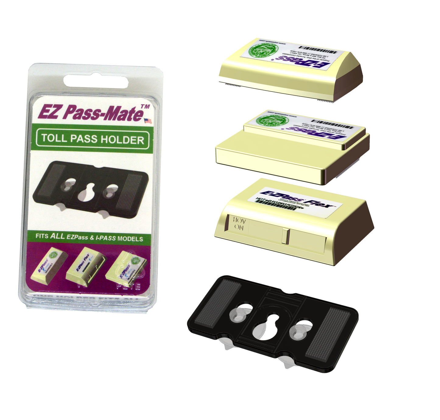 EZ Pass-Mate™ Black Toll Pass Holder for ALL E-ZPass, I-Pass, NC QuickPass, Palmetto Pass & more. Sturdy and Compact. Made in USA